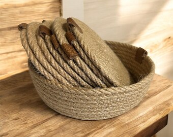 Handmade Jute Coaster Set with Basket – Rustic Table Decor