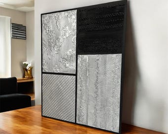 Textured Black and Silver Abstract Painting, Mixed Media Canvas Art