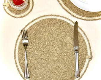 Handmade Jute Placemats and Coasters with Cotton Cord Accent