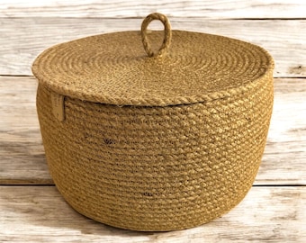 Jute Storage Basket with Lid –  Handmade Natural Organizer