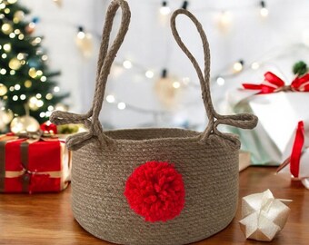 Handmade Jute Christmas Basket: Rudolph Reindeer Antlers, Red Pom-Pom