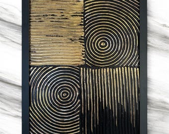 Textured Black and Gold Abstract Painting, Framed Mixed Media Wall Art