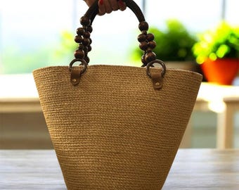 Handmade Jute Tote Bag with Wooden Bead Handles | Natural Summer Beach & Market Bag | Eco Friendly Handbag