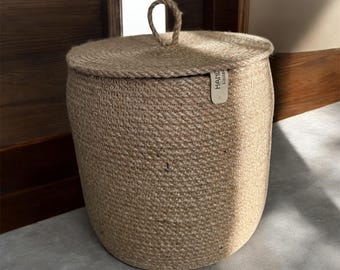 Handmade Jute Storage Basket with Lid, Natural Rope Organizer (20cm Round)