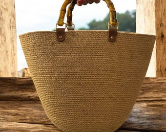 Handmade Jute Tote Bag with Bamboo-Style Handles | Natural Summer Beach & Market Bag | Eco Friendly Handbag