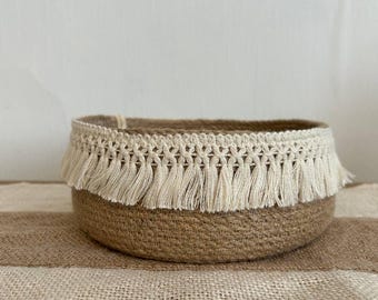 Handmade Jute Bowl with Tassel Trim – Rustic Natural Storage Basket