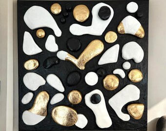 Textured Abstract Painting Black and Gold, Mixed Media Sculptural Wall Art, Constellation of Form