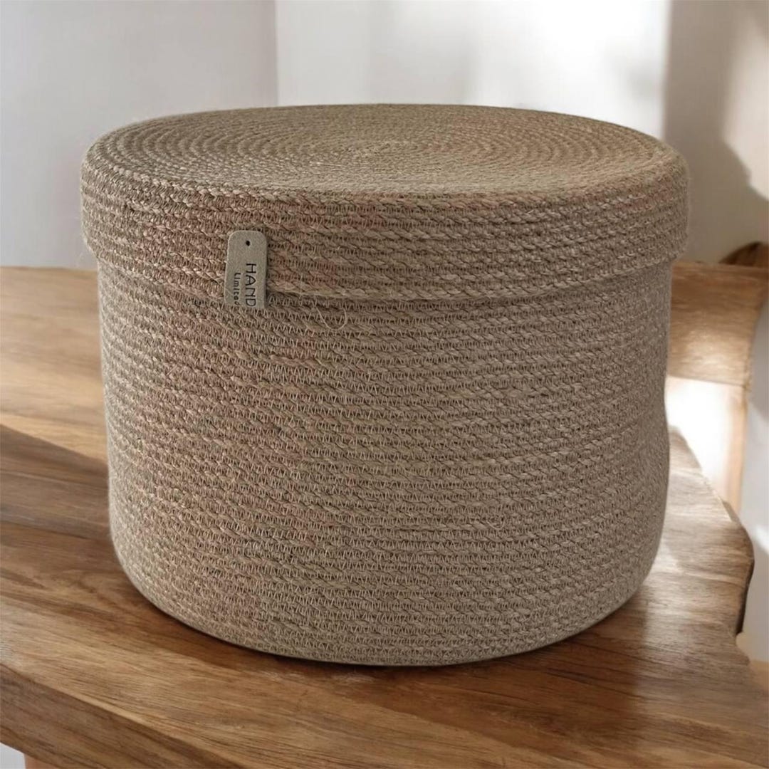 Handmade Jute Storage Basket With Lid Natural Round Rope Organizer Eco ...