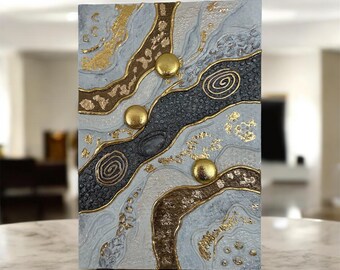 Textured Abstract Painting, Blue Grey Gold Leaf, Mixed Media Wall Art