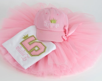 Personalized Birthday Girl Shirt, Princess Custom Name Tee, Embroidered Baseball Cap & Tutu Set