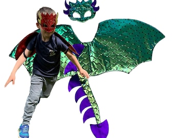 Ali e maschera da drago verde metallizzato: costume di Halloween per bambini