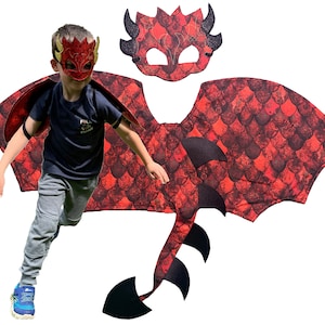 Handmade Kids Red Dragon Costume with Mask: Cotton Wings & Tail