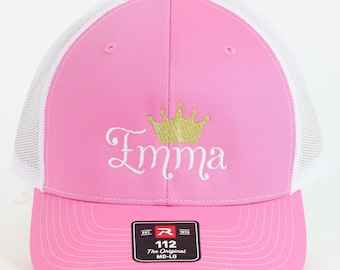 Personalised Princess Embroidered Name Cap, Custom Girls Trucker Hat, Pink Snapback Baseball Cap