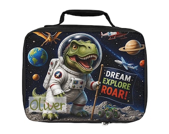 Borsa per il pranzo personalizzata con dinosauri, porta pranzo con astronauta T-Rex, borsa per il pranzo con monster truck spaziale, porta pranzo scolastico personalizzato con nome per bambini