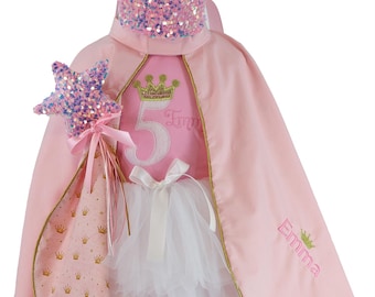 Personalized Princess Birthday Costume Set with Custom Name Shirt, Cape, Wand, Crown & Tutu