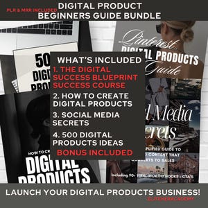 Peut inclure: Un ensemble de guides de produits numériques intitulé "Digital Product Beginners Guide Bundle". L'ensemble comprend des guides sur Pinterest, les médias sociaux et la création de produits numériques. Le texte "Launch Your Digital Products Business!" est également visible.