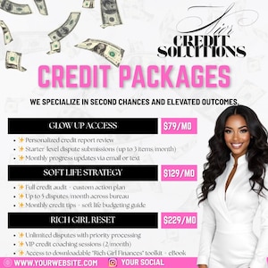 May include: An advertisement for "Sir Credit Solutions" credit repair packages. The image shows a woman in a white blazer, with text detailing services and prices. Banknotes float in the background.