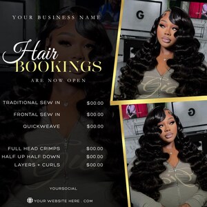 May include: A promotional graphic for hair bookings. The image features a woman with long, wavy black hair. Text includes "Hair Bookings Are Now Open" and service options like "Traditional Sew In" and "Quickweave". The graphic has a gold and black colour scheme.