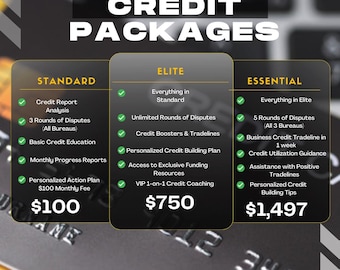 May include: A graphic comparing three credit repair packages: Standard, Elite, and Essential. The Standard package costs $100, the Elite package costs $750, and the Essential package costs $1,497. Each package includes a list of services, such as credit report analysis, dispute resolution, credit education, and personalized credit building plans.