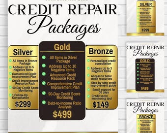 Op de afbeelding: Een grafiek met gouden, zilveren en bronzen kredietreparatiepakket-opties. Elk pakket bevat een lijst met diensten en een prijs. De tekst "CREDIT REPAIR Packages" staat bovenaan de grafiek. Het telefoonnummer (555) 555-5555 en de tekst "CONTACT US TODAY" staan onderaan de grafiek.