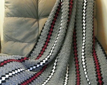 Handmade Blanket, Crochet Afghan Blanket in Diagonal Shell Stitch in Black, Grey, Red and White by DRCrafts