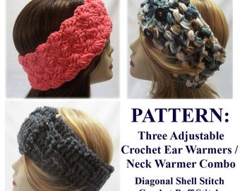 PATTERN: Three Crochet Ear Warmer / Neck Warmer Patterns Instant Download, Adjustable Ear Warmer Crochet Pattern, Unisex Ear Warmer Pattern