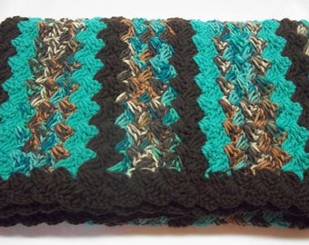 Greens and Browns Throw Blanket Lap or Wheelchair Blanket Crochet Baby Blanket in Jade Green Variegated and Browns Diagonal Shell Stitch