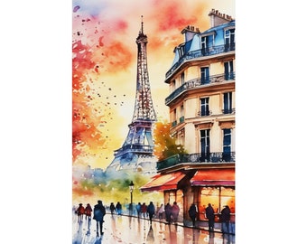 Paris Sunset Matte Vertical Poster in Watercolor, Beautiful Sunset in Paris Wall Art