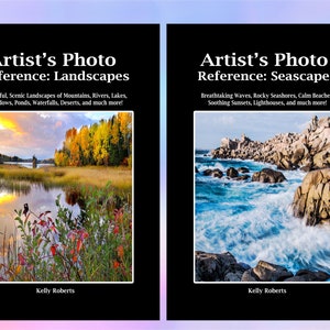 May include: Two book covers with the title "Artist's Photo Reference" on a black background. The left cover features a scenic landscape with a lake, trees, and a sunset sky. The right cover features a seascape with crashing waves and rocky cliffs. Both covers have the author's name, "Kelly Roberts", at the bottom.