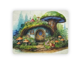 May include: A whimsical illustration of a blue and white mushroom house with a brown door and a green roof. The house is surrounded by a lush green forest with mushrooms and a small animal.