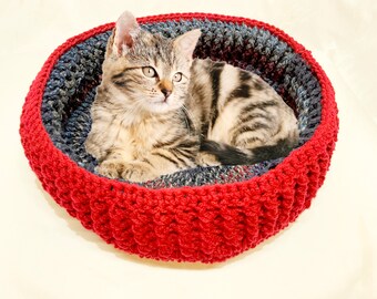 Reversible Cat or Small Dog Bed in Dark Red and Blue, Red Variegated, Crochet Reversible Dog or Cat Bed, Machine Wash and Dry Dog or Cat Bed