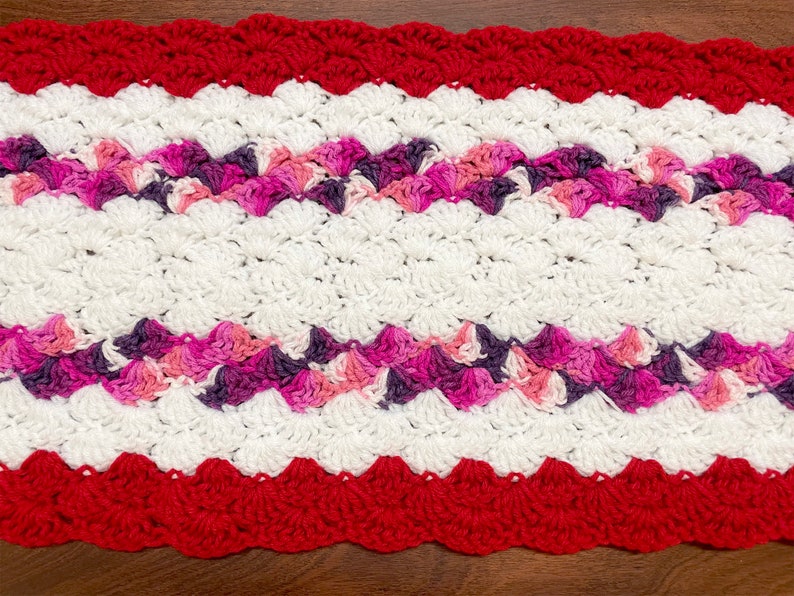Table Runner Using Shell Stitch Crochet Table Runner in Red, Pinks and White Shell Stitch, Crochet ...