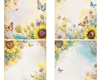 Beautiful Sunflower Stationery in Watercolor Set of 12, A4 and 8.5x11 Sizes, Instant Download and Ready to Print for Stationery, Paper Craft