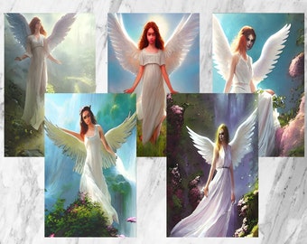 Tarjetas de ángel en acuarela, conjunto de cinco tarjetas de ángel en blanco dentro de 5x7 imprimibles, descarga instantánea y listas para imprimir