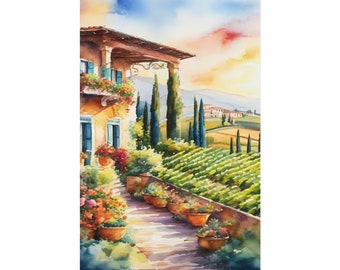 Italian Vineyard Matte Vertical Poster, Beautiful Italian Villa Overlooking a Vast Vineyard