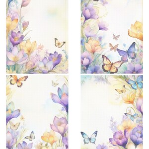 May include: Four watercolor illustrations featuring floral arrangements with purple, yellow, and pink flowers, and butterflies. The designs have a soft, pastel color palette and a blank space for text.