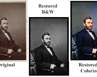 Pode incluir: Um retrato em preto e branco de um homem com barba, vestindo um terno e sentado em uma cadeira. A imagem foi restaurada e colorida.