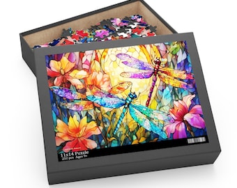 Beautiful Dragonflies and Flowers Jigsaw Puzzle in Stained Glass Effect(252, 500-Piece)