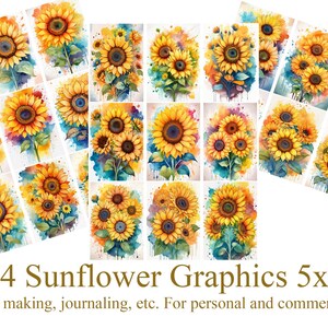 Sunflower Clip Art in Watercolor, 5x7 and 4x6 Instant Download, Personal and Commercial Use Sunflower Clip Art for Card Making, etc.