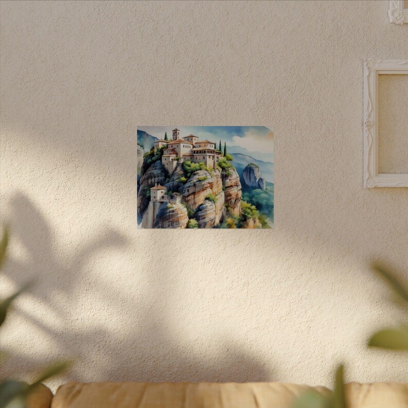 Schilderachtige Meteora geïnspireerde aquarel matte posterafdrukken, kunst aan de muur voor woondecoratie, cadeau voor kunstliefhebbers, natuurprint, op reizen geïnspireerde kunstwerken afbeelding 2