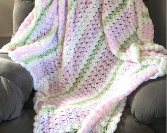 Handmade Blanket, Pink, Green, White Blanket: Crochet Pink and Green Pastels Throw, Lap, Wheelchair or Baby Blanket by DRCrafts