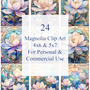 Lindas flores de magnólia Clip Art em aquarela, vitral e Art Nouveau Download instantâneo, 4x6 e 5x7, uso pessoal e comercial