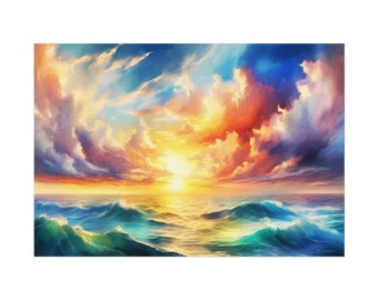 Glory Ocean and Clouds Textured Watercolor Matte Poster, Gorgeous Sunset Over the Ocean Watercolor Poster