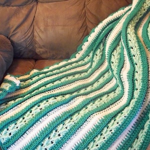 Handmade Blanket, Green and White Crochet Throw Blanket, Wheelchair Blanket in Jade, Minty Green and White by DRCrafts