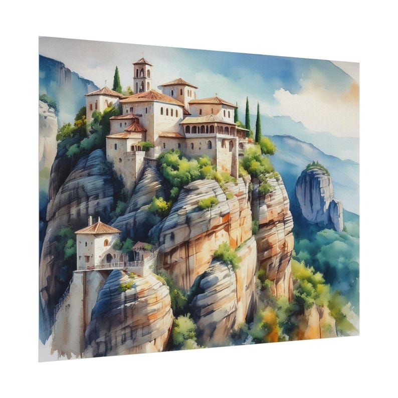Schilderachtige Meteora geïnspireerde aquarel matte posterafdrukken, kunst aan de muur voor woondecoratie, cadeau voor kunstliefhebbers, natuurprint, op reizen geïnspireerde kunstwerken afbeelding 5