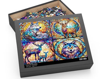 Gorgeous Deer and Wolves Four in One Jigsaw Puzzle (252, 500-Piece), Four Separate Puzzles in One, Deer and Wolves in Stained Glass Effect