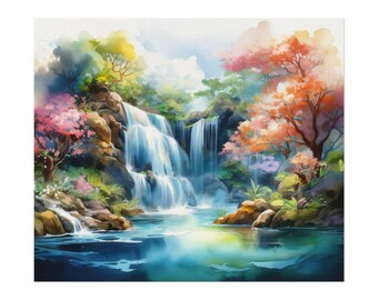 Serene waterval aquarel poster, kleurrijke landschapskunst print, natuurdecor, kunst aan de muur voor thuis, cadeau voor natuurliefhebbers, rustige kunstwerken