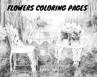 Flowers Coloring Pages for Adults, 30 Grayscale Full Page 11x8.5 Instant Download and Ready to Print, Beautiful Flowers to Color