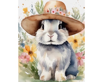 Bunny in a Hat Matte Vertical Posters for Kids or Baby, Cute Bunny in a Straw Hat with Flowers Poster for Kid or Baby Room