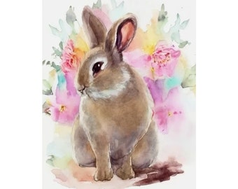 Poster vertical mat lapin avec fleurs pour chambre d'enfant ou de bébé, lapin mignon avec fleurs à l'aquarelle